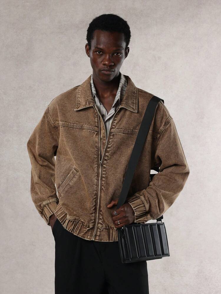 Men's Solid Brown Washed Vintage Denim Jacket, Autumn