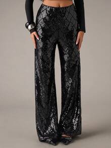 SHEIN BAE Women's Fashionable Party Sequin Wide Leg Pants - Black - View 5