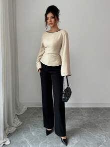 Siren Gaze Women's Round Neck Ruffle Cuff Flare Sleeve Pleated Fashion Blouse Winter Casual Spring