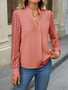 SHEIN Clasi 女式 V 领撞色蕾丝长袖优雅衬衫 - 西瓜粉 - 查看 3