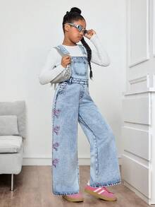 SHEIN 少女时尚休闲 Y2K 复古酷炫街头返校学院风舒适宽松粉色刺绣图案蓝色牛仔宽松背带裤，适合少女日常穿着，也适合少女秋冬季派对、节日和街头服饰穿着。 - 藍色 - 查看 2