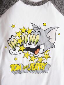 TOM & JERRY X SHEIN 男士休闲可爱卡通字母星星印花撞色毛绒插肩袖上衣和刺绣长裤蓬松睡衣套装，秋冬睡衣抓绒睡衣卡通印花睡衣长袖睡衣 - 淺灰色 - 查看 5