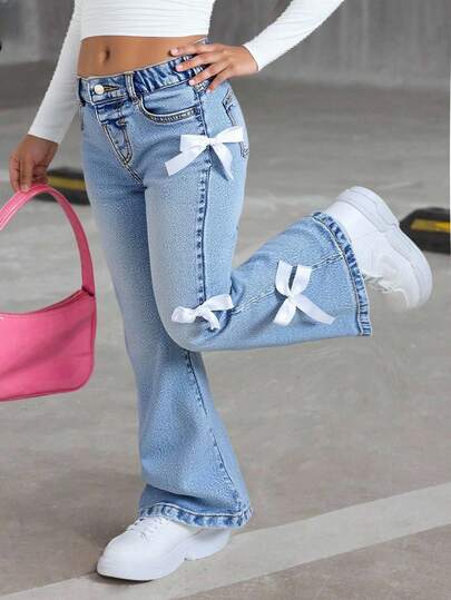 Young Girl White Bow Accent Blue Denim Elastic Skinny Flare Pants,Fall,Winter,Casual And Fashionable Vacation,Street Wear,2000s Style,Halloween Denim Jeans,Christmas