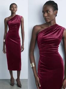 Maija Vestido feminino de veludo bordô liso com ombros assimétricos e cintura marcada, ideal para o dia a dia urbano, negócios e ocasiões casuais. Perfeito para festas de Natal e Ano Novo.