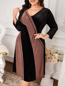 Modelyn Plus Size Elegant Color Block Party Dress - Black - View 6