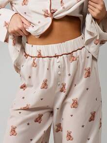 MISSGUIDED Christmas Teddy Bear Print Button Front Pajama Set Long Sleeve Sleep Lounge Wear - Multicolor - View 7