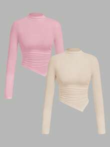 SHEIN SXY 2件套立领不对称下摆黑白长袖T恤 - 彩色 - 查看 1