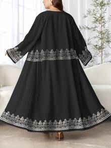 SHEIN Najma 大码女式波浪条纹花卉印花长袖休闲阿拉伯长袍，春秋季 - 彩色 - 查看 2