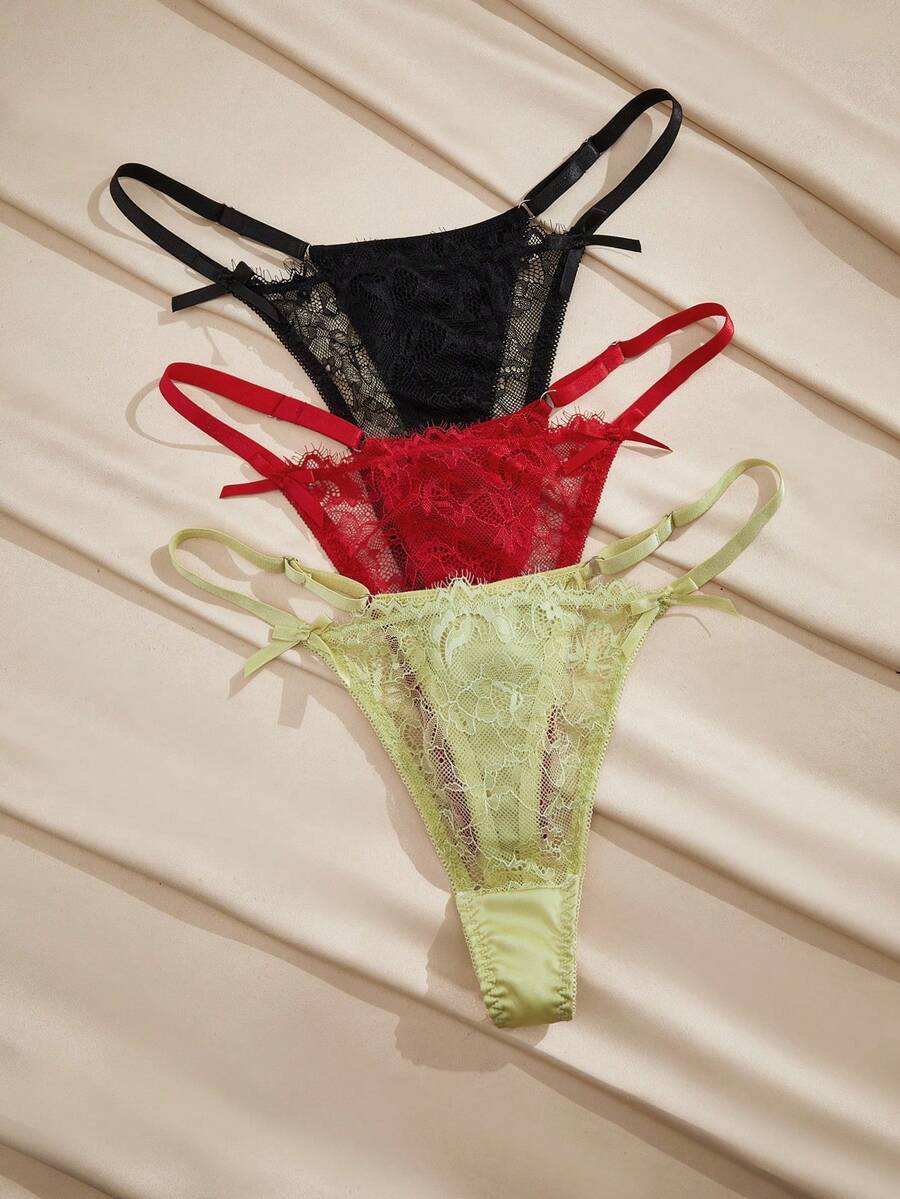 Charlaine 3pcs Lace Eyelash Satin Thong Panties For Women - Multicolor - View 1