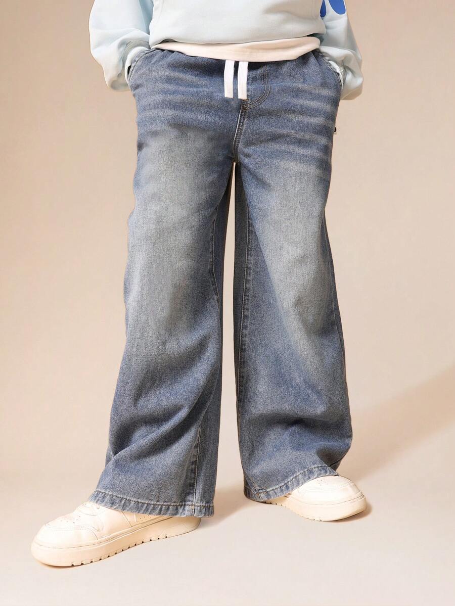 SUMWON Wide Leg Denim Jeans Boys Casual Everyday Relaxed Fit Drawstring Waistband Comfortable School Playground Stylish