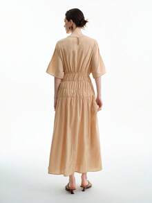 Aalyst Elegant Linen Blend Loose Round Neck Mid-Sleeve Cinched Waist A-Line Dress For Women, Flattering - Yellow - View 6