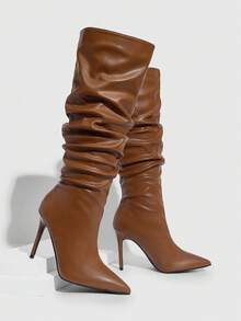 CUCCOO SZL Botas de tacón de aguja con punta de rhinestone y pliegues sobre la rodilla, adecuadas para citas y fiestas - Marrón - Ver 3