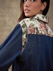 WESTFADE 棉质混纺牛仔布与花卉挂毯提花混合面料领口纽扣前襟西部接缝牛仔夹克秋季、秋季、冬季 - 中等水洗藍 - 查看 6