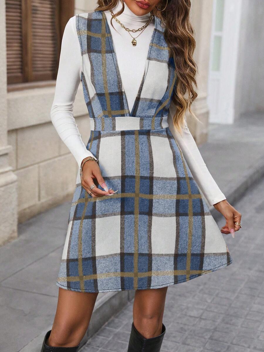 Pariaura Plaid Print V-Neck Elegant & Fashionable Sleeveless Dress - Baby Blue - View 1