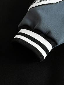 PAVTROS 男士休闲撞色字母植绒拼接条纹边棒球长袖夹克，秋季男士街头风拉链定制夹克，棒球夹克，男士大学夹克，橄榄球夹克 - 深灰色 - 查看 7