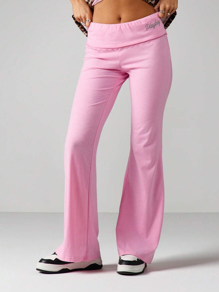 Missguided x Playboy 高腰喇叭腿休闲裤印花阔腿裤 Y2K 风格 - 粉色 - 查看 1