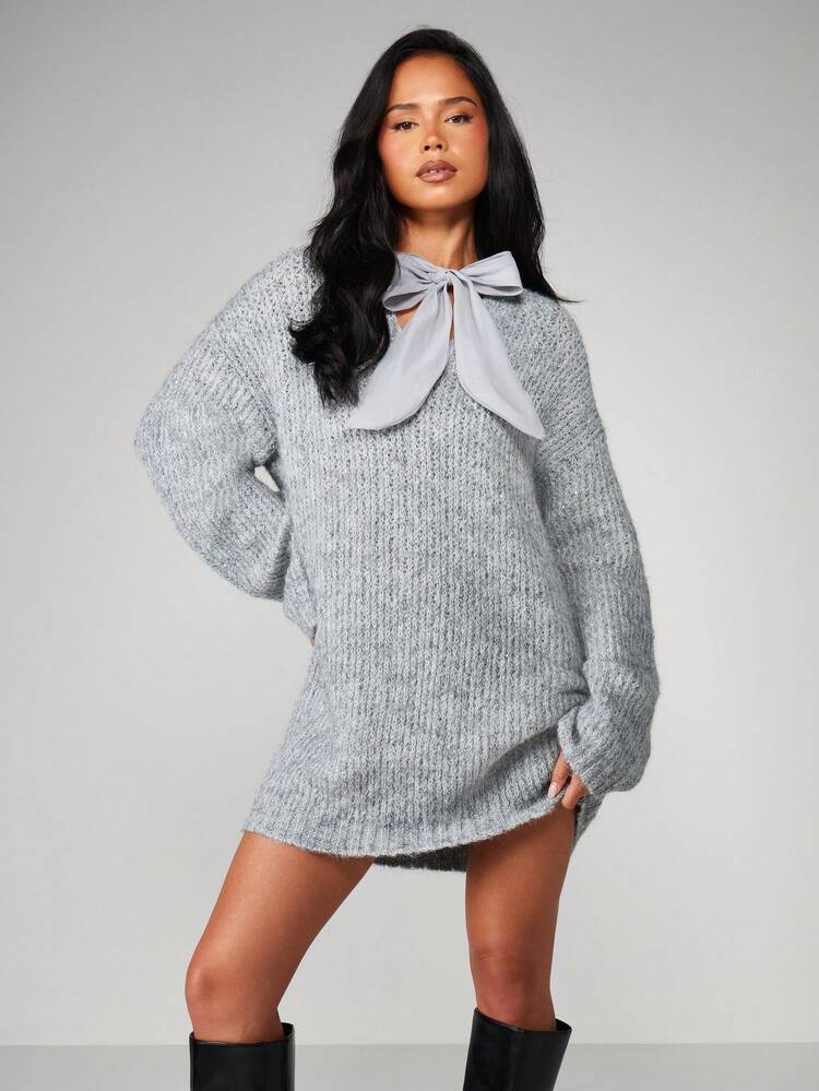 MISSGUIDED Christmas Chunky Knit Sweater Dress With Chiffon Bow Tie Detail Long Sleeve Winter Mini Dress