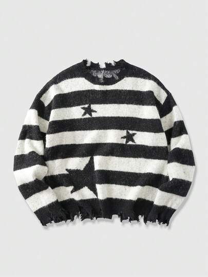 Street Life Men's Casual Punk Fashion Street Black & White Striped And Star Pattern Distressed Edge Loose Fit Sweater, Autumn/Winter