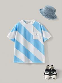 Joliand Joliand 1 件青少年男孩优雅都市清新蓝白条纹英文图案撞色口袋宽松圆领 T 恤，适合外出、聚会、海滩、夏季 - 彩色 - 查看 1