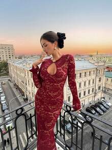 Aloruh 女装秋冬新款纯色酒红色连衣裙，船领金属纽扣装饰长袖连衣裙，喇叭袖设计蕾丝连衣裙，派对连衣裙，圣诞连衣裙 - 酒紅色 - 查看 8
