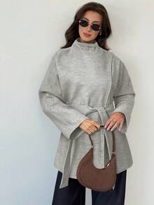 Aloruh Women's Solid Color Minimalist Casual Tie-Up Overcoat - Grey - View 7