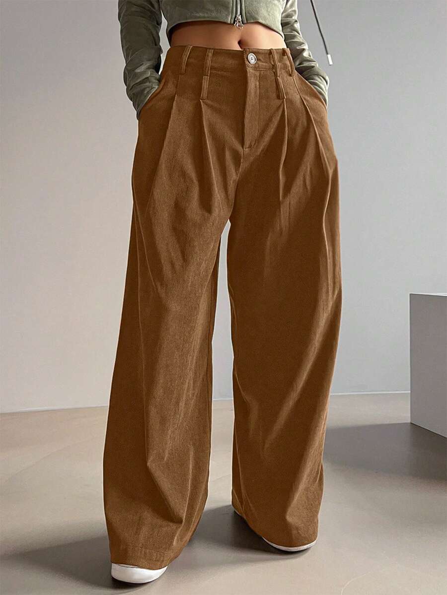 DAZY Women's Solid Color Pleated Pocket Wide Leg Loose Casual Pants - Coffee Brown - View 1