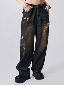 ROMWE Grunge Punk Quần jeans cạp thấp phong cách retro Y2K Streetwear dành cho nữ - màu đen - Xem 8
