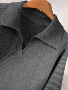 CosyJoli Plus Size Women's Grey Ribbed Knit Pullover Sweater,Autumn Smart Casual Everyday Solid Turndown Collar V-Neck Loose Lightweight Collared Sweater - Grey - View 4