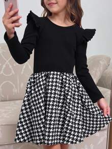 SHEIN Rochie elegantă și casual pentru fete, cu mânecă lungă, decolteu rotund, talie strânsă, linie A și mânecă scurtă drăguță cu flori, cu model în carouri, nou-venită toamnă-iarnă, fete tinere, ținute zilnice, școală, toamnă-iarnă, asortare cămașă albă, sezonul înapoi la școală.