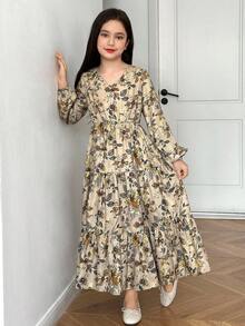 Tween Girl Ditsy Floral V 领泡泡袖拼布连衣裙，休闲度假梭织花卉连衣裙，卡其色/杏色 - 杏色 - 查看 2