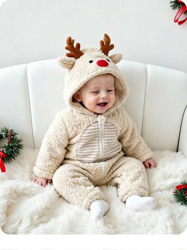 Newborn Baby Girl And Baby Boy Fashion Design Casual Versatile Christmas Cute Apricot Furry Deer Cartoon Pattern Hooded Bodysuit Jumpsuit, Autumn And Winter, Apricot Plush Lining Jumpsuit, Christmas Cute Cartoon Pattern Jumpsuit, Light Khaki Beige Jumpsuit, Fashionable Design Cutting-Edge Fashion Design Can Be Worn Indoors And Outdoors, Simple Style, Suitable For Indoor And Outdoor, Daily, Sports, Play, Party, Photo Shoot, Vacation, Festival