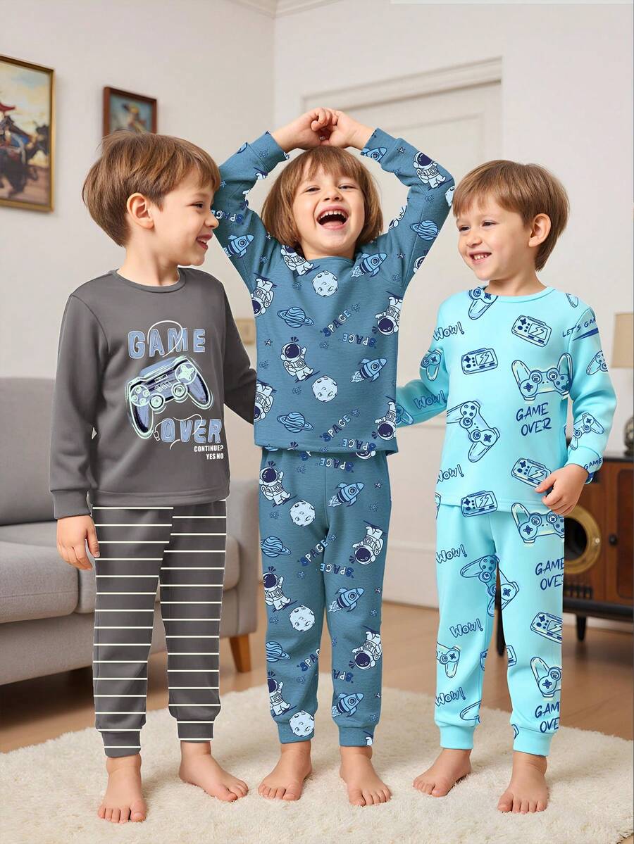 SHEIN Set Pakaian Rumah Anak Laki-Laki 6pcs/Set Atasan Lengan Panjang dan Celana Panjang Pas Badan dengan Motif Permainan Video & Astronot - MultiWarna - View 1