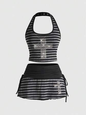 ROMWE Avant Conjunto de 2 piezas de top corto con contraste de color a rayas y mini falda de talle súper bajo estilo Y2K sexy para mujeres