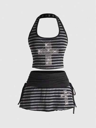 ROMWE Avant Ensemble 2 pièces pour femmes composé d'un Top court à col ras-du-cou rayé bicolore et d'une mini-jupe à taille très basse, style Y2K sexy