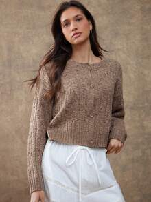 WESTFADE Mocha Brown Cable Knit Cardigan,Women's Round Neck Button Front Relaxed Fit Mixed Stitch Cropped Sweater,Cute Autumn Casual Winter Boho Occasion Top - Camel - View 1