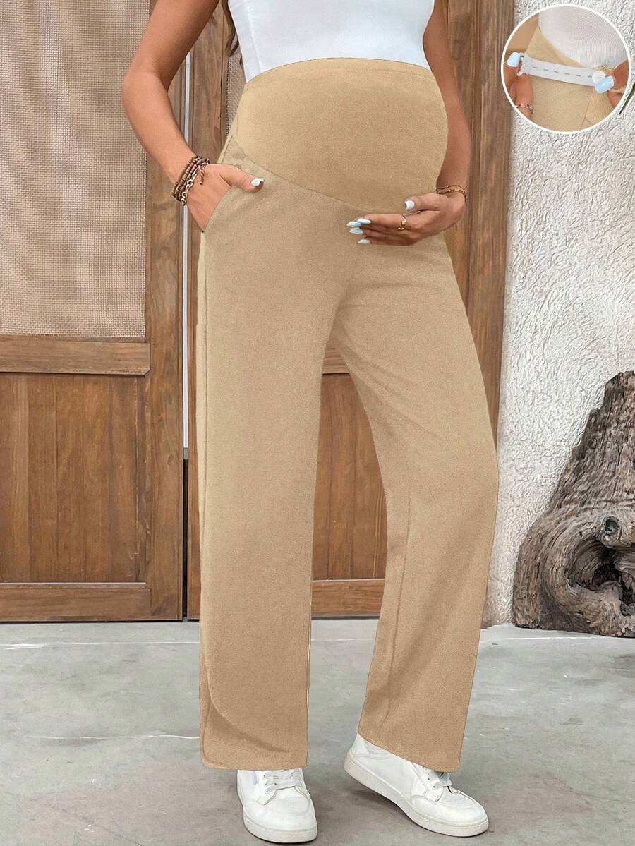 SHEIN 孕妇纯色可调节腰带口袋直筒休闲裤 - 卡其色 - 查看 1