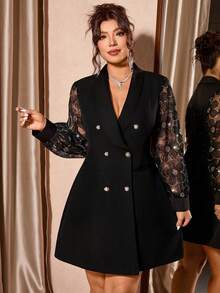 Cravure Plus Size Elegant Shawl Neck, Double-Breasted Sequins Embellished Long Sleeve Fitted Waist Dress With Pockets - Black - View 6
