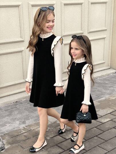 SHEIN Serisse Kids 青少年女孩杏色和黑色提花领结露肩长袖毛衣裙，返校节礼服，优雅服装，服装，礼服，秋季服装，适合秋冬