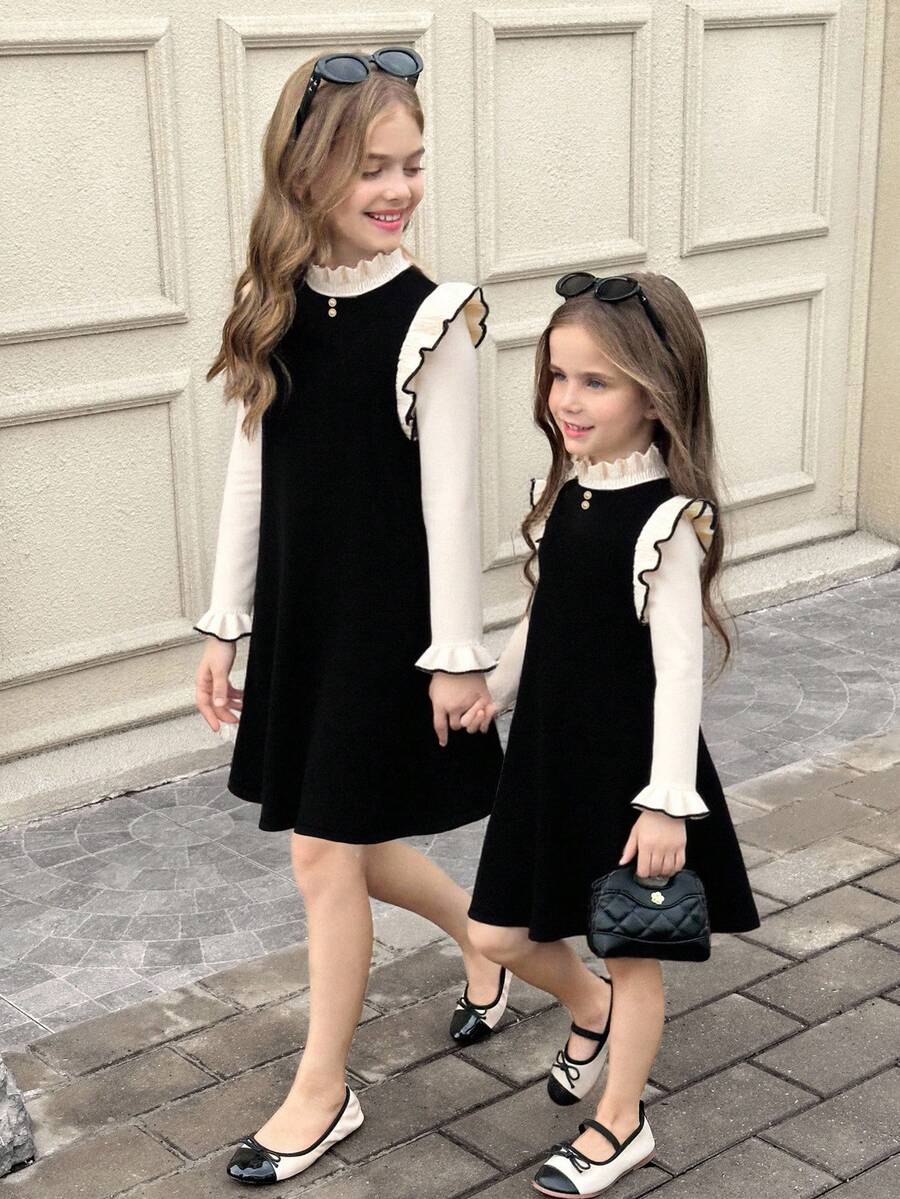 SHEIN Serisse Kids Tween Girls Apricot And Black Jacquard Bow Tie Off-The-Shoulder Long Sleeve Sweater Dress,Homecoming Dress,Elegant Outfits, Outfits, Formal Dress,Fall Clothes,For Autumn Winter Long Sleeve Dress Girls Girls Spring Autumn French Style Dress Long Sleeve Dresses Cozy Fall & Winter Styles Suitable For Daily, Celebration, Autumn & Winter Outfits For Easy Comfort, Autumn & Winter Layers For Girls, Stylish Girls - Multicolor - View 1