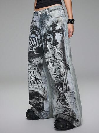 Grunge Punk Jeans de pierna ancha para mujer con estampado total de cruz oscura, calavera, ángel y araña con eslogan de estilo punk oscuro