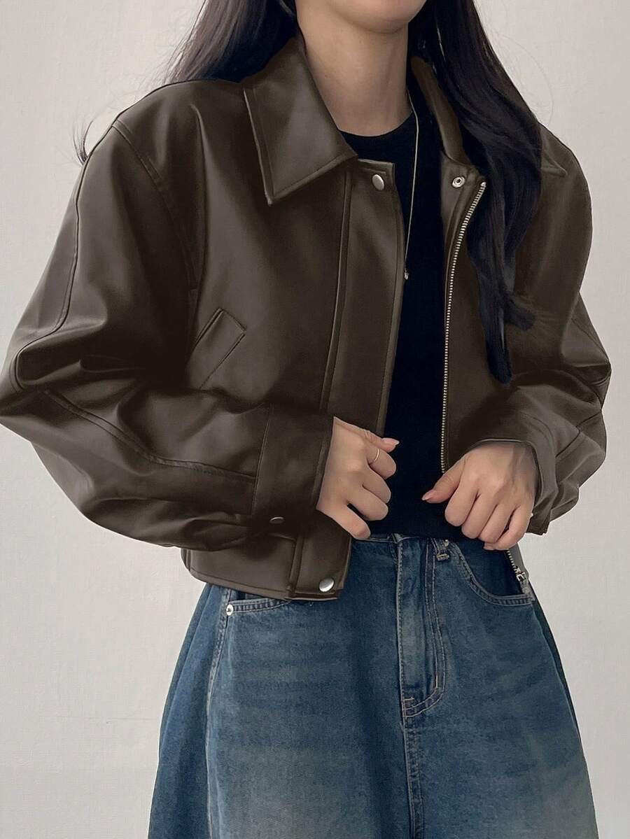 DAZY Áo khoác ngắn PU trơn màu thời trang dành cho nữ, Áo khoác da mùa thu dành cho nữ - màu nâu - Xem 1