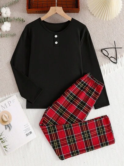 2pcs/Set Tween Boy Simple Solid Gray Long Sleeve Top And Classic Plaid Casual Pants Loungewear Set Tween Boy Clothes Set Boys Flannel Plaid Shirt Tops Pants Set