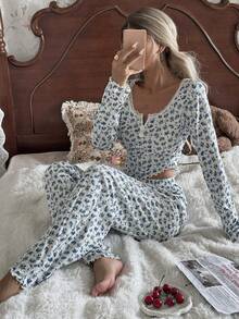 Bộ đồ ngủ tay dài họa tiết hoa lãng mạn, cổ vuông viền ren CottageSlumber, 2 nút, áo và quần dài, bộ đồ ngủ nữ, bộ đồ ngủ hai mảnh, bộ đồ ngủ tay dài, bộ đồ ngủ nữ, quần áo mùa đông - Nhiều màu - Xem 8