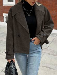 EMERY ROSE Women's Large Lapel Decorated Button Long Sleeve Woolen Coat - Coffee Brown - View 4