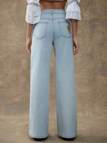 WESTFADE High Rise Floral Embroidered Relaxed Flare Cotton Blend Denim Jeans Cute Fall, Autumn, Winter, Casual Cute Boho, Western Wear, Country Concert - Light Wash - View 5