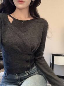 DAZY 女式露肩圆领长袖纯色T恤，韩版