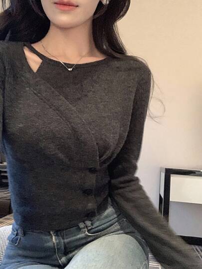 DAZY 女式露肩圆领长袖纯色T恤，韩版