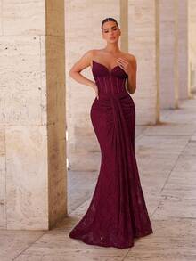 Glamrae Elegant Luxurious Stretchy Lace Sheer Backless Ruched Mermaid Gown,Suitable For Weddings,Parties,Vacations,Galas,Formal Occasions (Heavy-Duty) - Burgundy - View 5