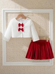 SHEIN Französischer Retro-Stil Outfit mit weißer langärmeliger Jacke mit Fellimitat und rotem plissiertem Midi-Rock, 2 Stücke, geeignet für Schule, Ausflüge, Partys, Feiertage für Baby Mädchen - Verschiedenfarbig - Übersicht 2