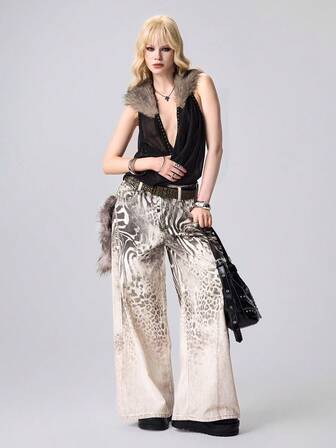 Grunge Punk Y2K Vintage Oversized Straight Leg Low Waist Jeans With Leopard And Zebra Print In Black And White